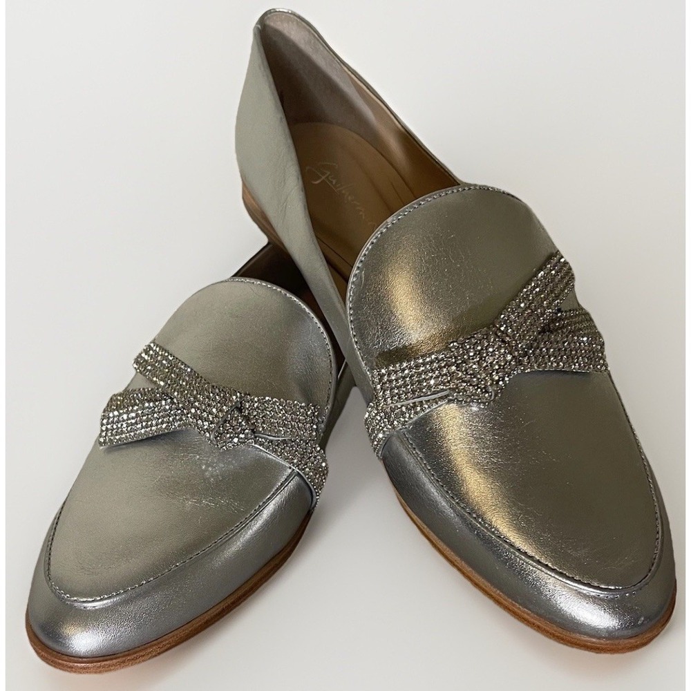Anthro Guilhermina Loafers 9โ Metallic Leather Crystal Bow Slip On Shoes